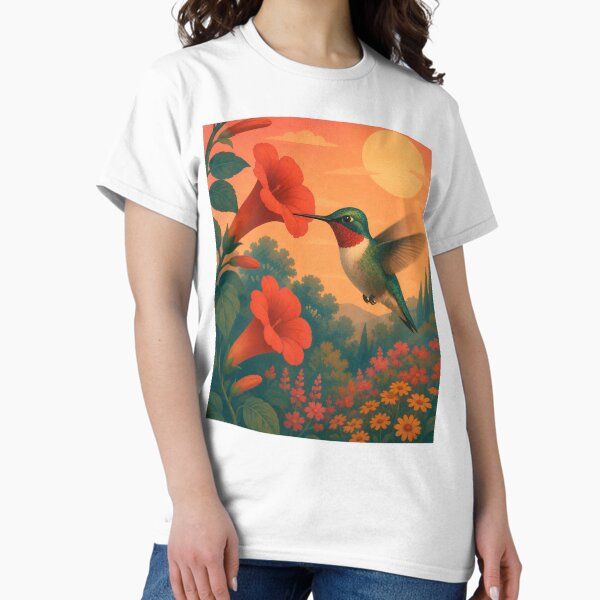 Ruby-Throated Hummingbird and Trumpet Flower - Sunset Garden Bird Art