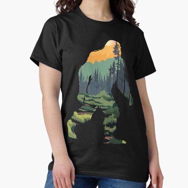 Bigfoot Silhouette with Scenic Forest & Mountain Sunset